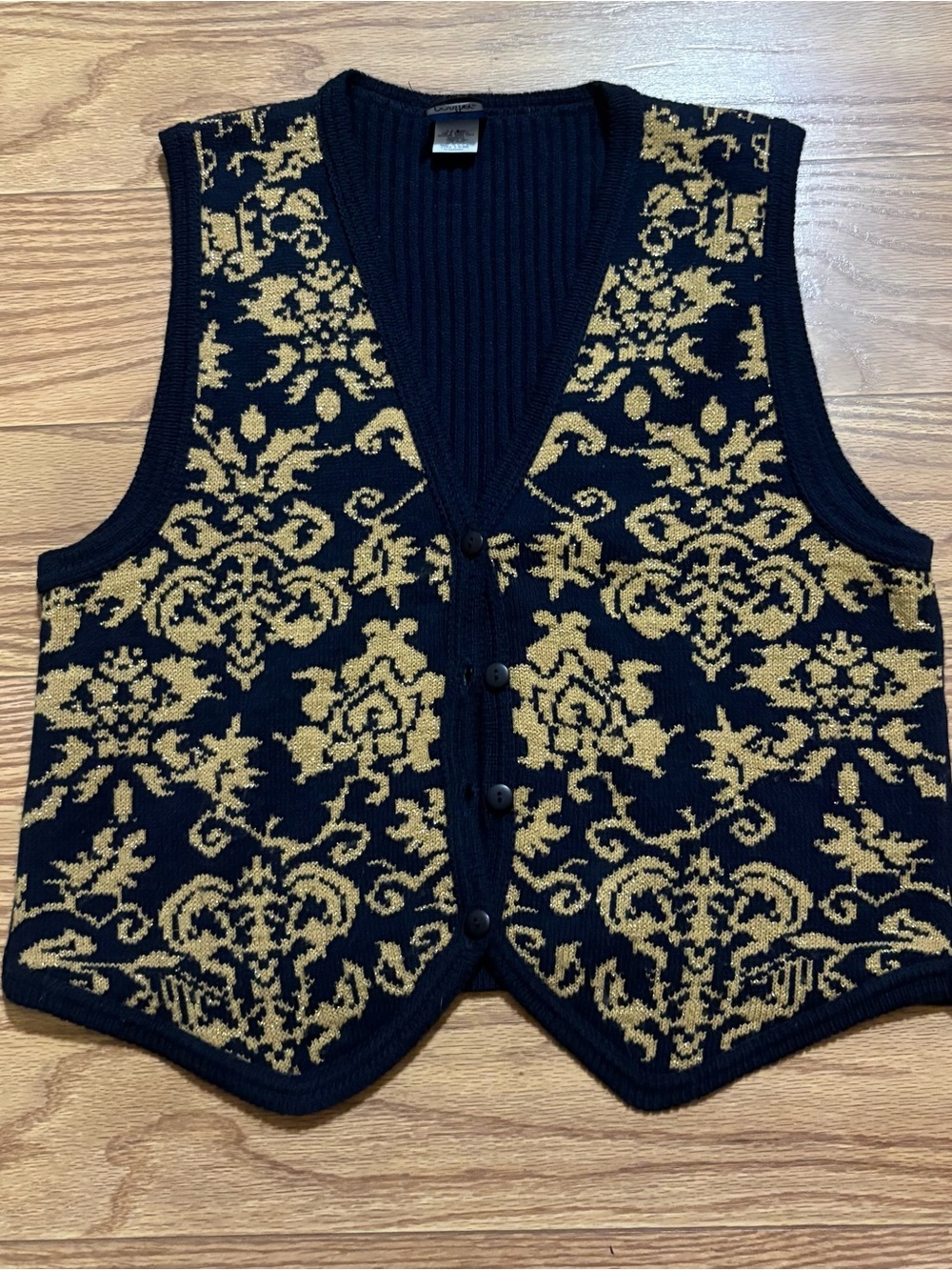 Vintage Panther Navy Gold Glitter Damask Sweater Vest Women’s Large